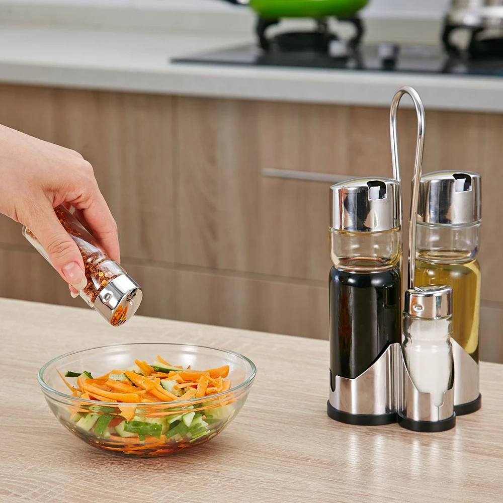Seasoning Bottle Set Condiment Holder Rack Oil Vinegar Dispensers Salt Pepper Shakers Jars for Spices | Дом и сад