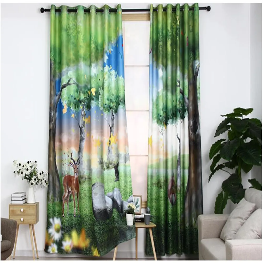 

Customized curtains simple modern bedroom living room study bay window thickening shading oil painting green plants animal fores