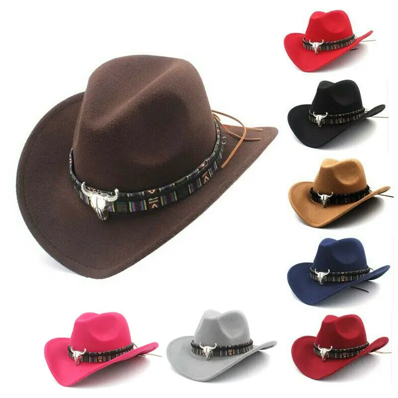 

New Vintage Western Cowboy Hat Cowgirl Hats For Men Women Fashion Punk Wide Brim Jazz Cap With Cow Head Decorate Gentleman Cap