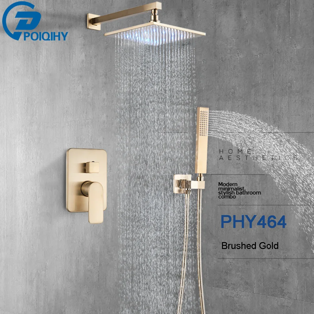 POIQIHY LED Light Shower Faucet Brushed Gold Bathroom Set Concealed Rainfall Bath Mixer Tap Wall Mounted | Обустройство дома
