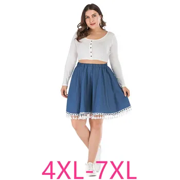 

2019 new summer plus size skirt for women large casual loose elastic waist lace denim pleated short skirts blue 4XL 5XL 6XL 7XL