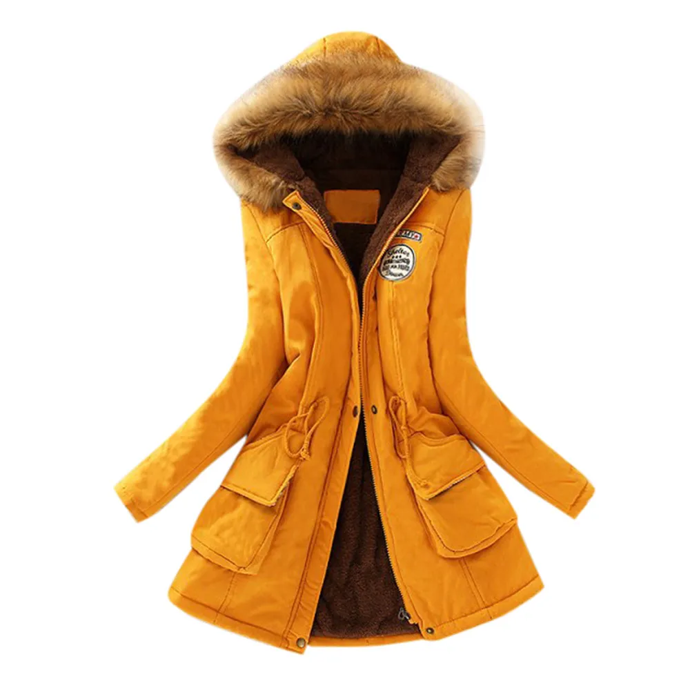 Новинка, зимнее женское пальто с капюшоном и меховым воротником, приталенное, вельветовое, плотное, теплое, длинное, хлопковое пальто, куртка, пальто - Цвет: Цвет: желтый