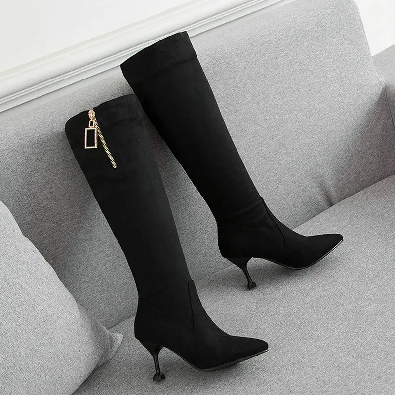 

B2-7 Size 34-44 Female Flock Pleated Knees High Boots Ladies Sexy Pointed Toes Zips Boot Woman Thin Heels Shoes Women Dress Shoe