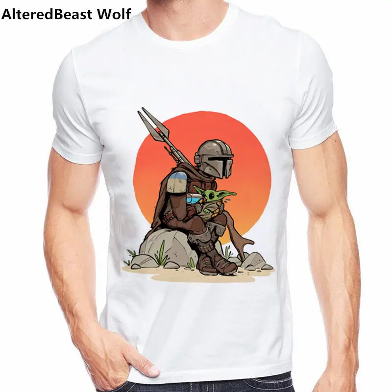 as picture Kawaii Mandalorian Baby Yoda Футболка мужская футболка с рисунком из мультфильма «Звездные войны» футболка с короткими рукавами футболка с круглым воротником, Милая футболка Homme - Цвет: as picture