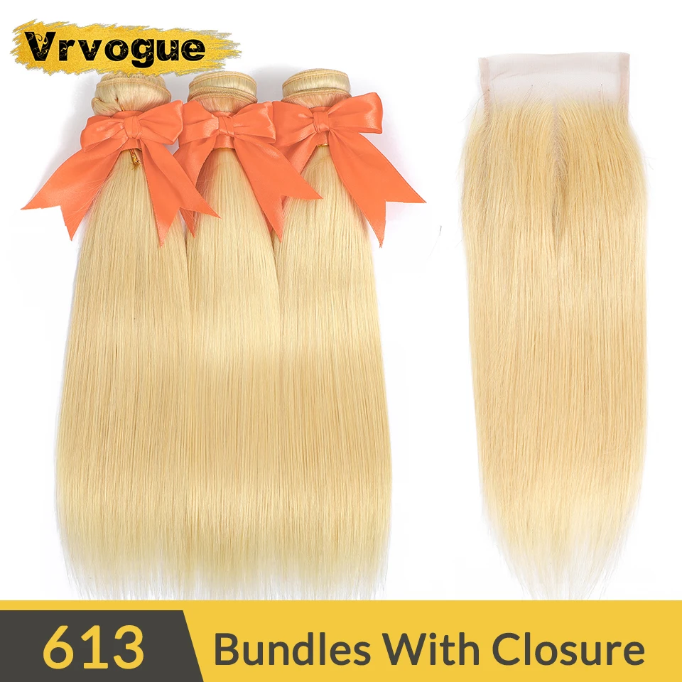 

Vrvogue 613 Blonde Bundles With Closure Free/Middle/Three Part Brazilian Straight Hair Weave Bundles With 613 Closure Remy Hair