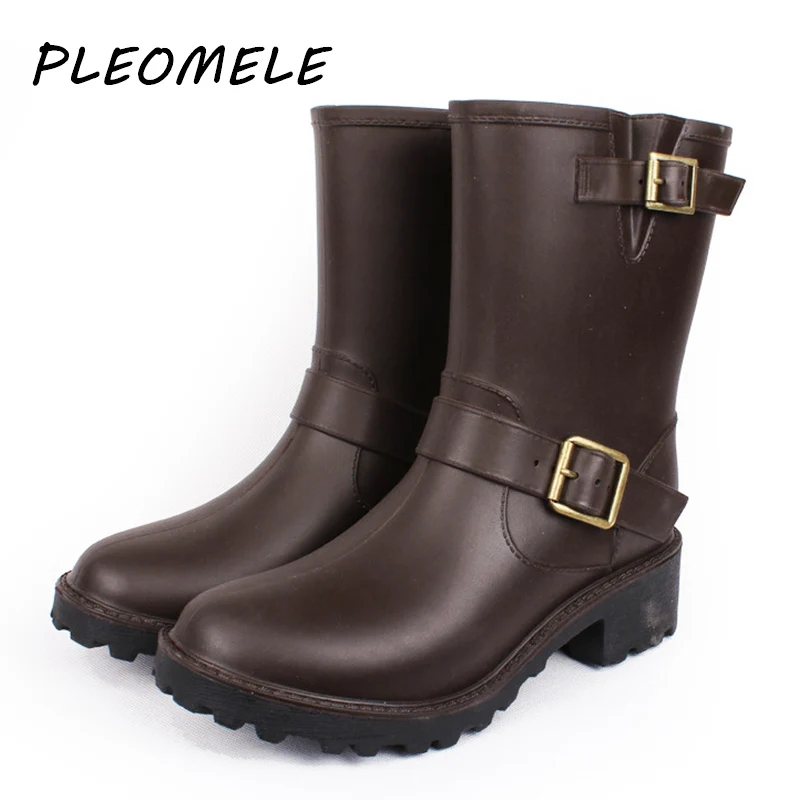 

British style rubber Women rain boots Western cowboy buckle ladies rain boots Thick bottom motorcycle PVC water Black boots