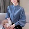 Silk Satin Single Breasted Elegant Office Lady Autumn Women Blouse Lantern Long Sleeve Solid Stand Collar Women's Shirt 11506 ► Photo 3/6