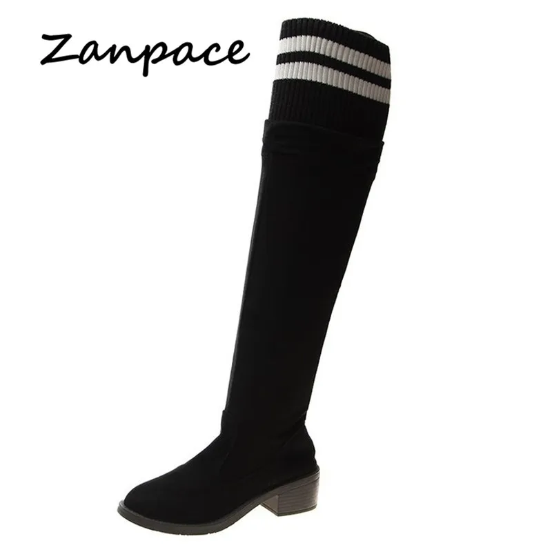 ZANPACE/зимние сапоги женские выше колена сексуальные на плоской подошве эластичные