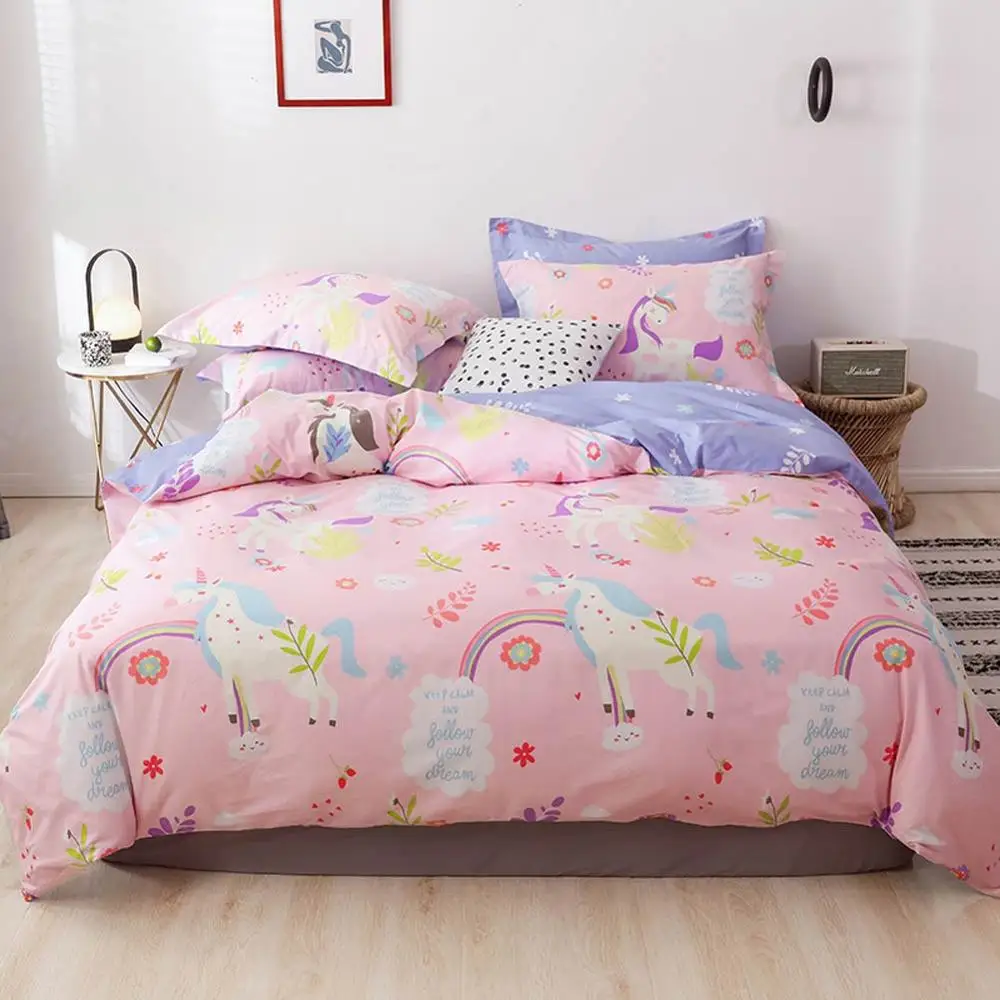 

2019 Cartoon Unicorn Rainbow Pink Duvet Cover Set Flat Fitted Sheet Cotton Bedlinens Hypoallergenic Twin Queen King Bedlinens