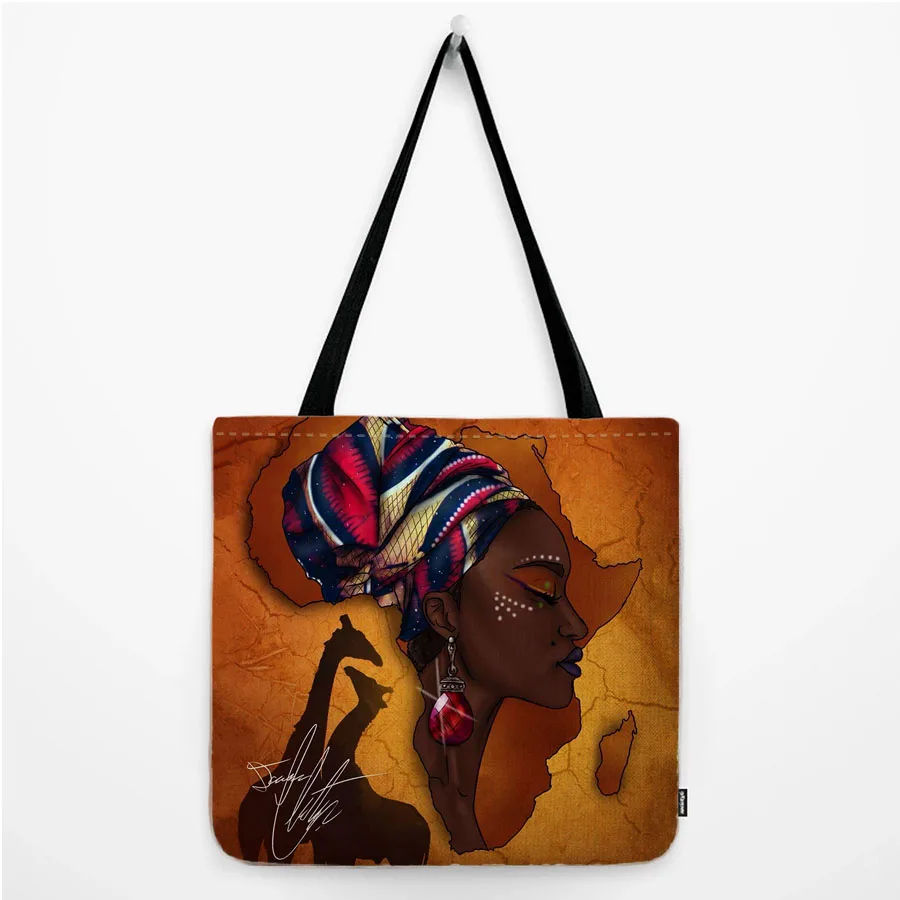 Africa Queen African Lady Woman Print Shoulder Shopping Bag Black Fashion Girl Art Water Resistant Cotton Linen Large Tote Bag