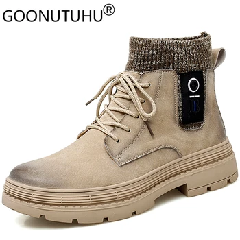 

2019 autumn fashion men's ankle boots casual genuine leather pigskin shoes male socks boot combat military desert boots for men