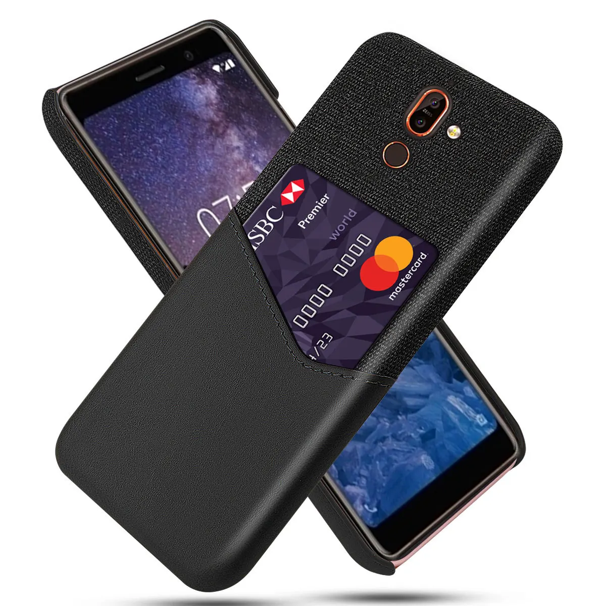 DCK кожаный жесткий тканевый с картой защитный чехол для телефона для Nokia 7 Plus 7,1 Plus задняя крышка - Цвет: Черный