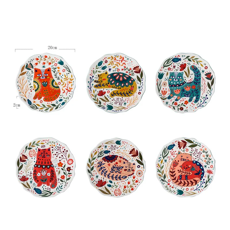 8 Inch Nordic Creative Cartoon Hand Painted Cat Plate Ceramic Tableware Under Glazed Dessert Dish Microwave Snack Steak Plate,ceramic dessert plates,snack dish