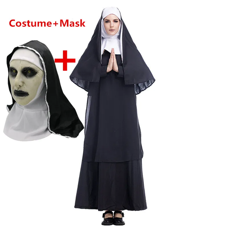 Costume and Mask Девы Марии платье одежда Nun Косплей костюмы Длинные черные страшные монашки костюм привидения форма для вечеринки Хэллоуина латекс маска реквизит - Цвет: Costume and Mask