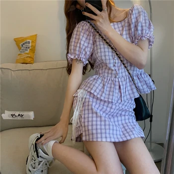 

Korean Summer New Fashion Vintage Plaid Two Piece Set Sweety Puff Sleeve Shirt High Waist Lace Up Bow Mini Skirt Kawaii Suit