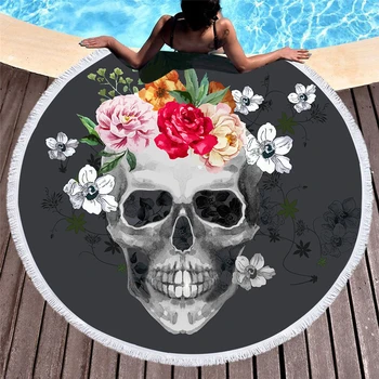 

Sugar Skull Round Beach Towels Tassels Microfiber Hippie Wall Hanging Floral Bohemian Travel Blanket Circle Yoga Mat Bath Towel