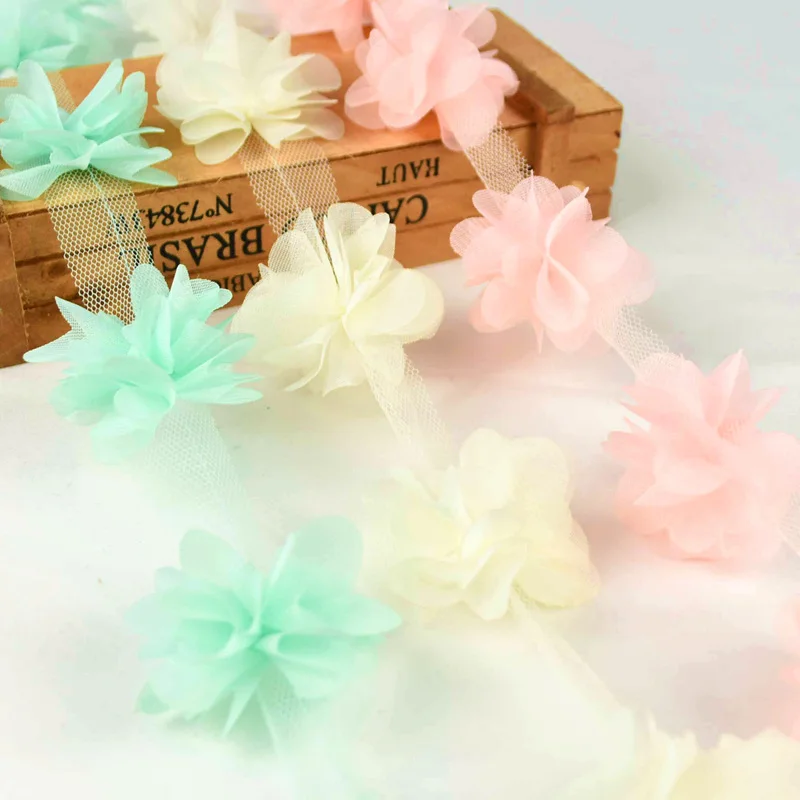 2Yards 24Pcs Flowers 3D Chiffon Cluster Flowers Lace Dress Decoration Lace Fabric Applique Trimming DIY Crafts Sewing Supplies