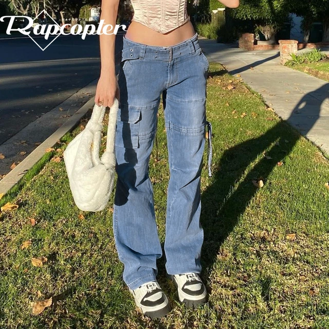 Rapcopter-pantalones vaqueros y2k para mujer, de calle Retro con fajas, Cargo, con fruncido, con bolsillos grandes, años 90 _ - AliExpress Mobile