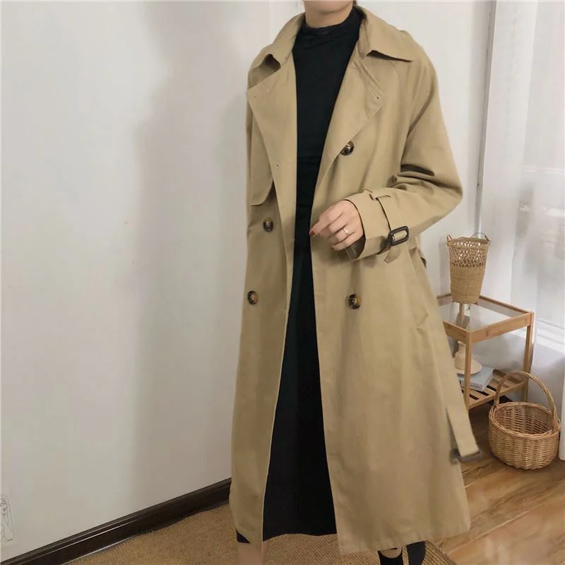 

Spring And Autumn Women Fashion Korea Style Waist Belt Loose Khaki Color Trench Female Casual Elegant Soft Long Coat Clothes