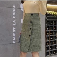 Новая Элегантная клетчатая Женская юбка с завышенной талией, асимметричная юбка миди на пуговицах, осенне-зимняя женская тонкая винтажная юбка миди