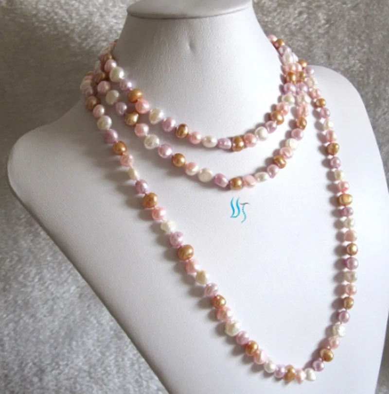 

Free shipping bjc 000982 60" 8-9mm White Pink Champagne Baroque Freshwater Pearl Necklace (A0327)