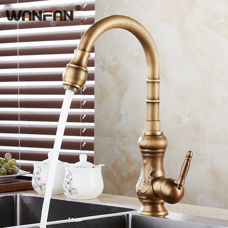 Kitchen Faucets Antique Brass Bronze Finish Water Taps Swivel Spout Vanity Sink Mixer Classic Tap Single Handle 1221F | Обустройство