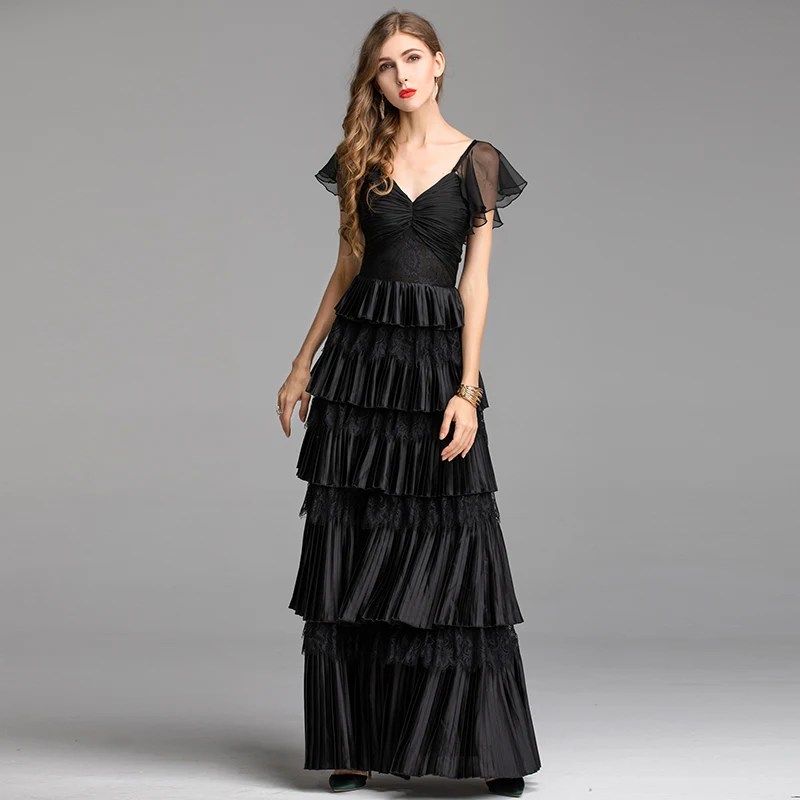 AELESEEN Runway дизайн элегантные черные однотонные платья женские европейские высококачественные вечерние Роскошные кружевные длинные платья