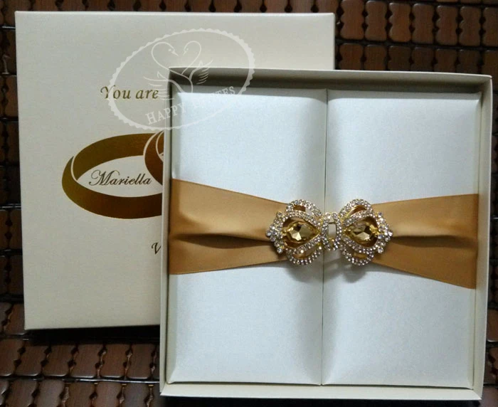 HI2003-14 Custom Beige Silk Folio Wedding Invitation with Gold Foiling Brown Ribbon and Gold Crown Brooch