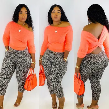 

2020 Spring Autumn Two Pieces Set Top and Pants Women Long Sleeve Crop Top Leopard Elastic Skinny Leggings Sportswear Outfits