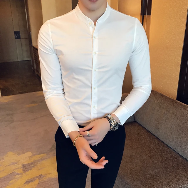 Moretón Esperanzado compañero Ropa elegante clásica para hombre, camisas blancas lisas a la moda, con  cuello mandarín chino, ropa Formal Social, color negro, 2021 _ - AliExpress  Mobile