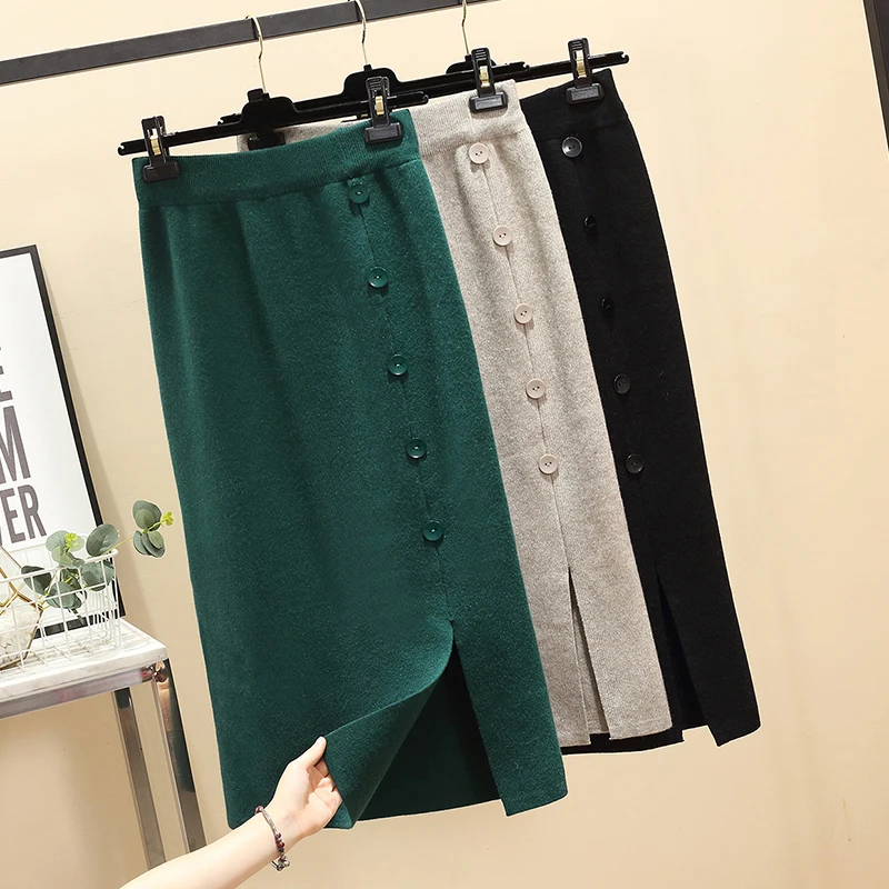 Осенне-зимний теплый свитер, вязаная юбка для женщин, эластичная талия, Atrovirens, длинная юбка с разрезом, высокая уличная юбка размера плюс, женские юбки