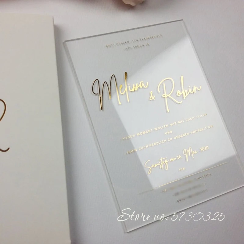 Luxury Gold Foiling Acrylic Wedding Invitations with Box Marriage Cards Popular Invitation Cards