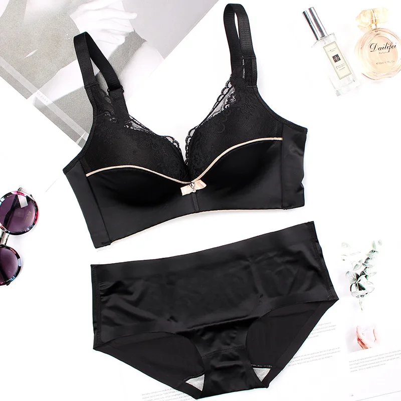 black bra set Meizimei, кружевной deepV сексуальный бюстгальтер без косточек, комплект нижнего белья пуш-ап для женщин, маленький размер, бюстгальтер для девушек, тонкие трусики, бюстгальтер для девочек, ABC cup - Цвет: black bra set