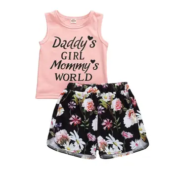 

1-5T Toddler Baby Girls Shorts Set Girl Mommy's World Sleeveless Shirts and Floral Shorts Summer Clothes Outfits