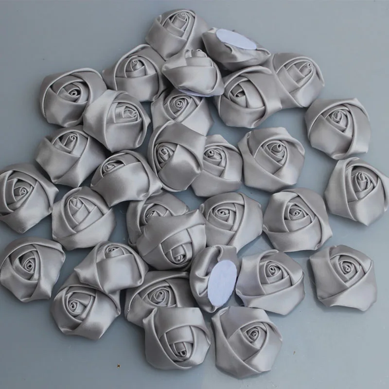 

20piece/lot DIY Hand Made 3.5cm Silver Satin Rose Artificial Ribbon Flower For Make Bridal Bridesmaid Wedding Bouquet