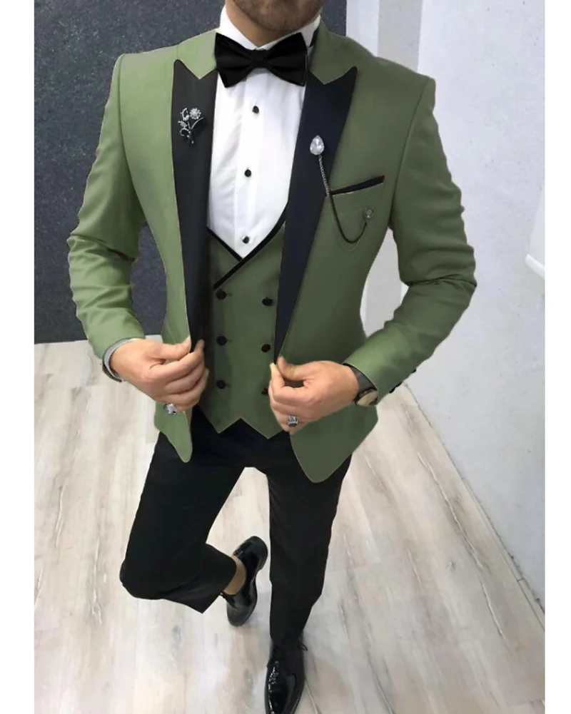 

Custom Made Men Suits Olive Green and Black Groom Tuxedos Peak Lapel Groomsmen Wedding Best Man ( Jacket+Pants+Vest+Tie ) D29