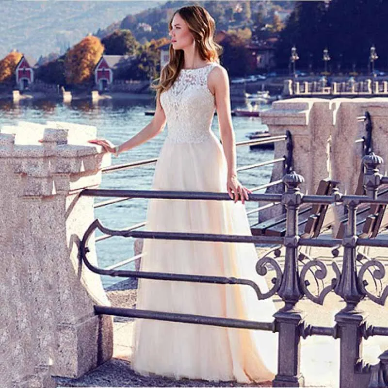 

2020 A-line Boho Wedding Dresses Summer Tulle Illusion Lace Back vestido de noiva Long Bridal Dress Wedding Gown