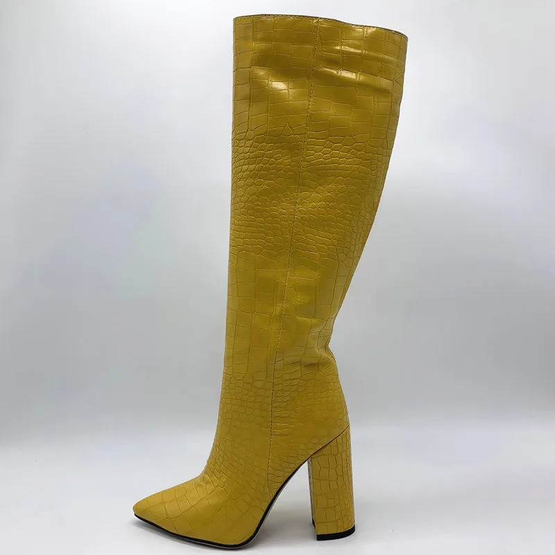 Модные женские сапоги до колена из искусственной кожи; теплые сапоги на высоком каблуке для ночного клуба; женские классические ковбойские сапоги; большие размеры - Цвет: Цвет: желтый