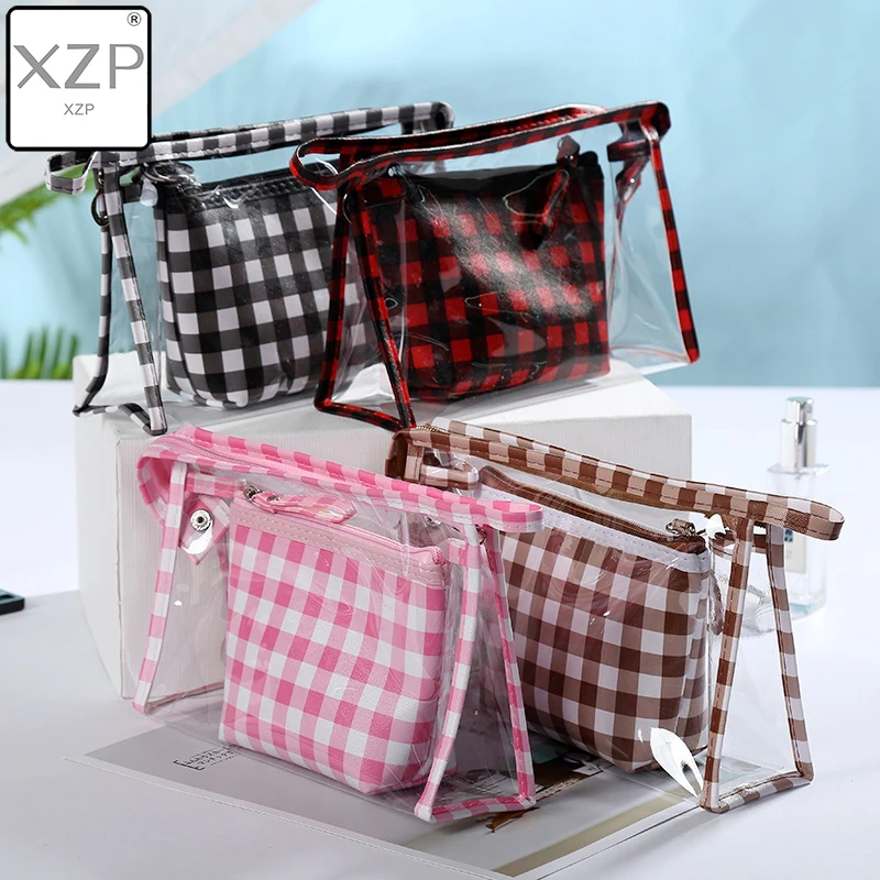 

XZP Clear Transparent PVC Women Cosmetic Cases Set Plaid Travel Multifunction Cosmetic Bag PU Makeup Bags Organizer Bath Wash