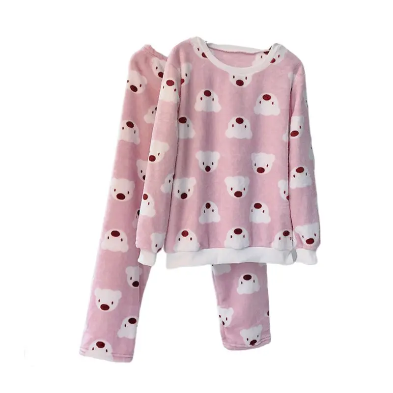 Женская зимняя одежда для сна, Фланелевая пижама, комплект с длинным рукавом и круглым вырезом, топы с эластичной резинкой на талии, штаны с милым мультяшным принтом, термо - Цвет: 29