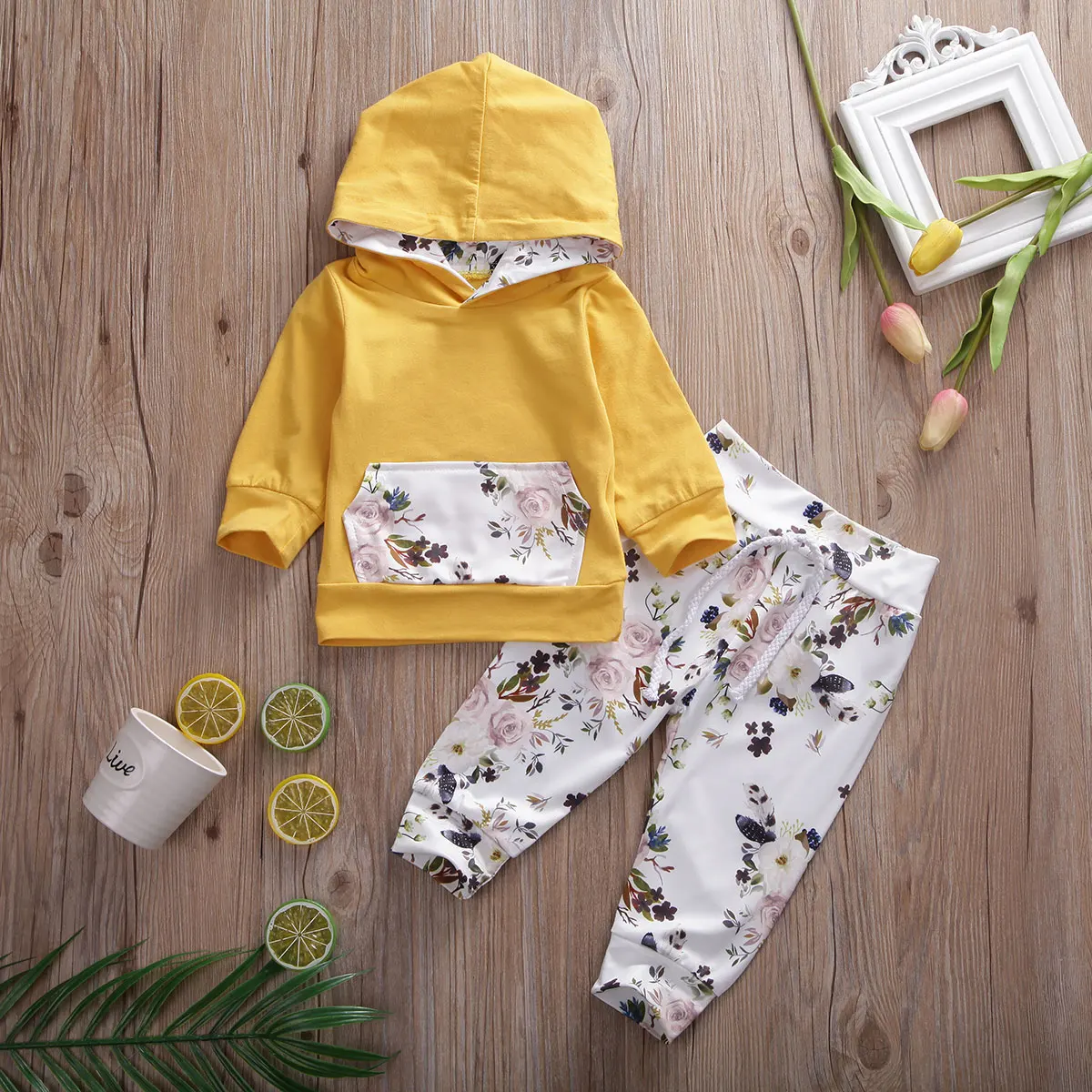 Brand 0-2 Years Newborn Kids Baby Girl Clothing Hooded Sweatshirt Coat Outfit set Flower Top and Pants infant Winter clothes set