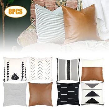 

8Pcs Decorative Throw Pillow Covers, 18X18 Inch Modern Design Short Plush Stripes Geometric Faux Leather Amaro Set