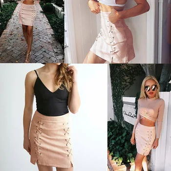 

Spring Lace Up Suede Pencil Skirt Winter Cross High Waist Skirt Zipper Split Bodycon Short Skirts Womens