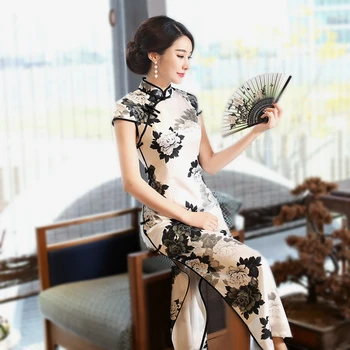 

Sheng Coco 3XL Plus Size Ladies Long Qipao Traditional Chinese Style Clothing Ink Flower Type Cheongsam Elegant Evening Dress