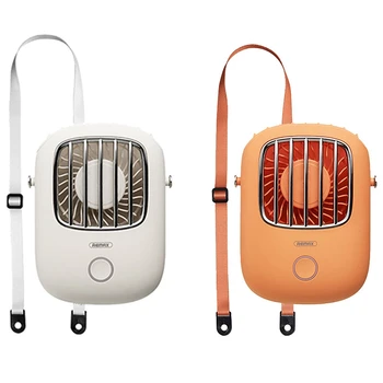 

2set REMAX ligent Small Fan, 3 Gears Adjustable Mute High Wind, Shoulder Strap Hanging Neck White & Orange