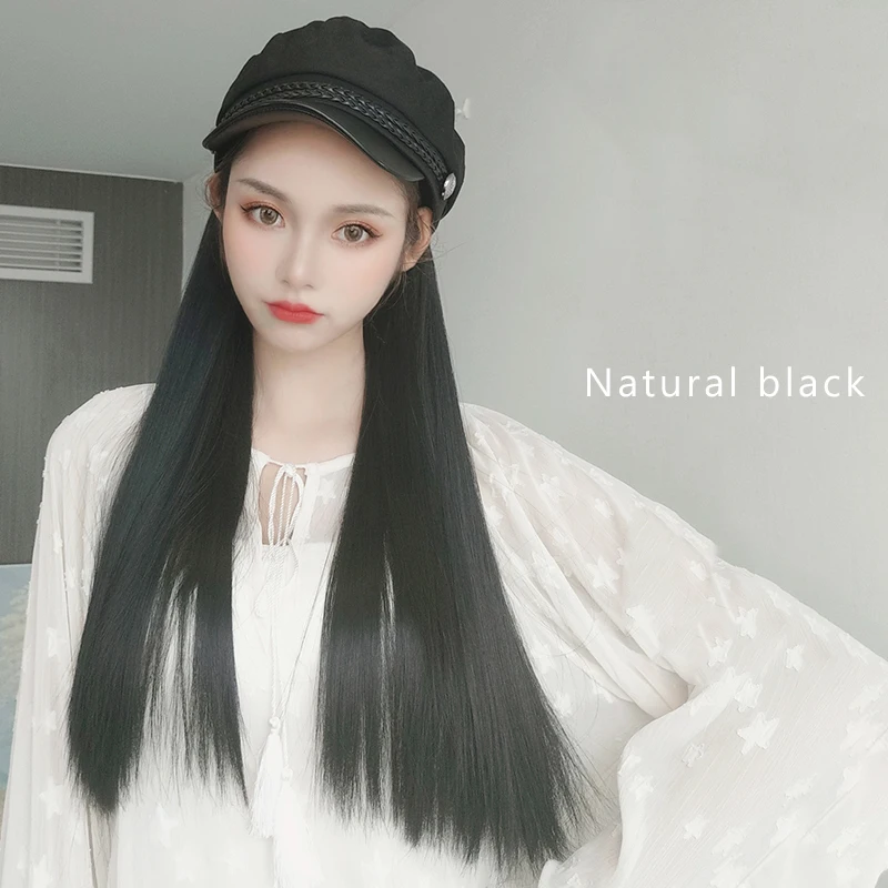 long Straight Synthetic Wig Berets Cap Wig Natural Black / Brown Wave Wigs Naturally Connect Synthetic Hat Wig - Цвет: 4