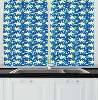 

Cobalt Blue Pale Yellow Star Kitchen Curtains Big Little Shaped Stars Nursery Theme Cartoonish Pattern for Kitchen Cafe Decor