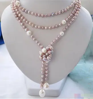 

Free shipping 65" lavender round white drip freshwater pearl necklace