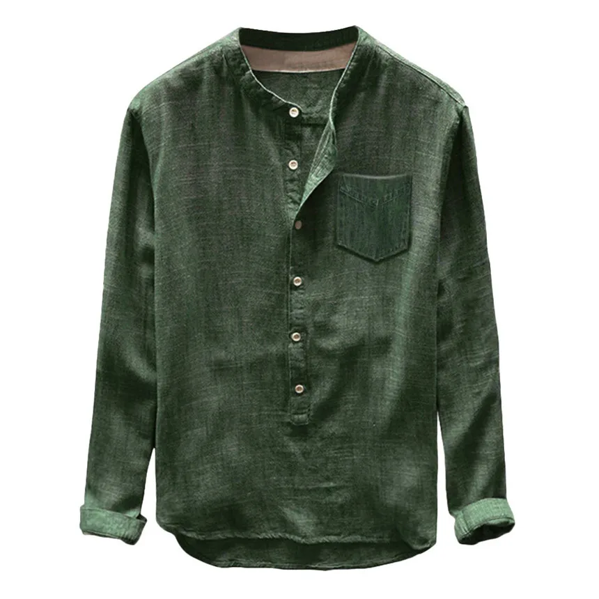 Green KLV Мужская рубашка, модная мужская Осенняя зимняя повседневная льняная и хлопковая рубашка с длинным рукавом, рубашка цвета хаки размера плюс 3XL - Цвет: Green