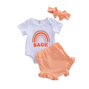 

0-24M Newborn Infant Baby Girls Boy Clothes Sets 3pcs Rainbow Print Shorts Sleeve Romper Tops+High Waist Shorts+Headband Outfits